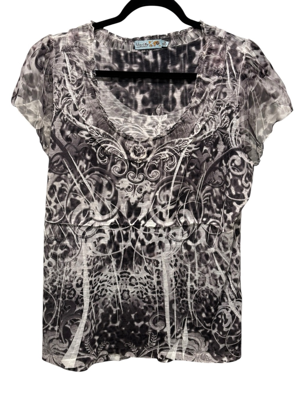 Unity World Wear Black & White Sheer Scoop Neck Short-Sleeve Top